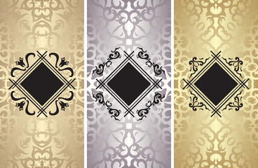 Set of three vintage invitations in luxury design with stylish frames. Seamless wallpaper