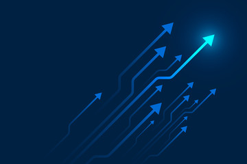 Up arrows circuit style on blue background illustration, copy space composition, digital growth concept.