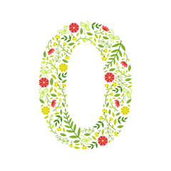 Number 0, Green Floral Number Made of Leaves and Flowers Pattern Vector Illustration