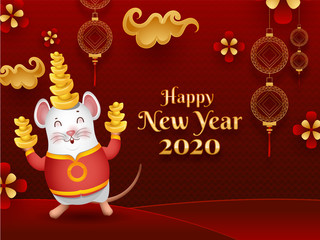 Fototapeta na wymiar Happy Chinese New Year 2020 celebration greeting card design with cute cartoon rat holding ingots and chinese ornaments decorated on red seamless circle pattern background.