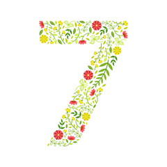 Number 7, Green Floral Number Made of Leaves and Flowers Pattern Vector Illustration