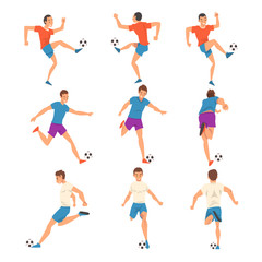 Fototapeta na wymiar Soccer Players in Sports Uniform Kicking the Ball Set, Professional Athlete Characters in Action Vector Illustration