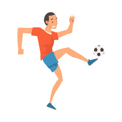 Naklejka na ściany i meble Soccer Player in Sports Uniform Kicking the Ball, Professional Athlete Character in Action Vector Illustration