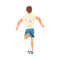 Fototapeta na wymiar Soccer Player in Sports Uniform Kicking the Ball, Professional Athlete Character in White T-shirt and Blue Shorts in Action, View from Behind Vector Illustration