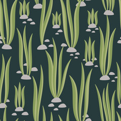Seamless repeat pattern - green tall seaweed growing among stones.