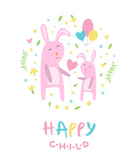 Happy Child Banner Template, Pink Mother and Kid Bunnies with Balloons, Cute Childish Poster, Greeting or Invitation Card, Print for T-shirt Design Element Vector Illustration