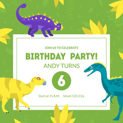 Birthday Party Invitation Card Template, Banner, Placard or Flyer with Cute Dinosaurs Vector Illustration