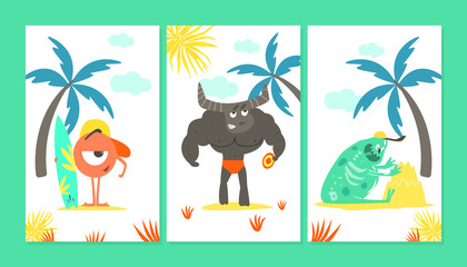 Cute Monsters Cartoon Characters at Summer Monsters Set Vector Illustration