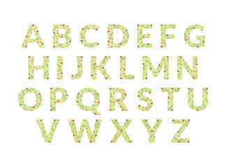 Green Floral Alphabet, Font Uppercase Letters Made of Leaves and Flowers Pattern Vector Illustration