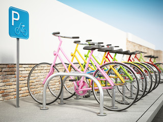 Obraz premium Colorful bicycles in bicycle parking area. 3D illustration