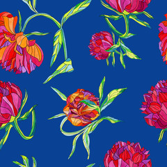 beautiful floral seamless pattern, watercolor peonies on a blue background, large flower buds.