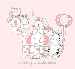 Hand drawn cute baby animal. Cartoon sketch animal style