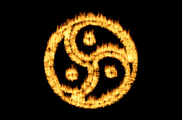 Fetish play and passionate sex conceptual idea with blazing BDSM (bondage, discipline or dominance, submission or sadomasochism) swirl  logo isolated on black background with clipping path cutout