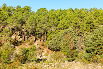 Views of the Pedriza mountain, in Madrid, Spain, in the early hours of the morning when the sun rises between the granite rocks