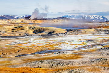 Geothermal field of Hverir, unique wasteland with pools of boiling mud, hot springs and hissing chimneys, Myvatn and Krafla area,North Iceland