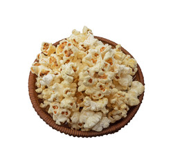 popcorn taste cheese and butter in the wooden bowl isolated on white background.Top view.