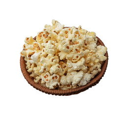 popcorn taste cheese and butter in the wooden bowl isolated on white background.Top view.
