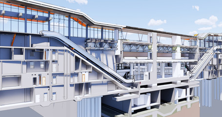 Сross-section view of BIM model of the metro station and transport hub building