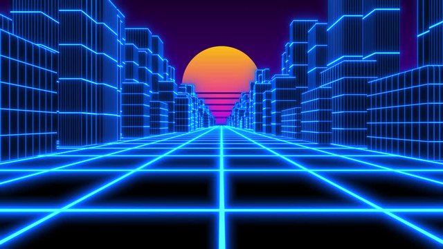 Cityscape Synthwave/ vaporwave/ retrowave cyber landscape with laser grid