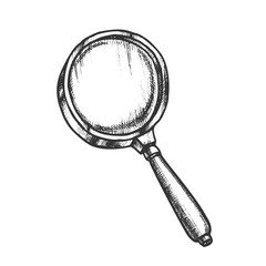 Magnifying Glass Lens Equipment Monochrome Vector. Magnifying Optical Instrument. Magnifier Tool Engraving Concept Template Hand Drawn In Vintage Style Black And White Illustration