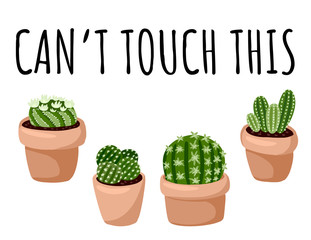 Can't touch this banner. Set of hygge potted succulent plants postcard. Cozy lagom scandinavian style collection of plants