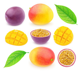 Multi-colored exotic set of passion fruit and mango, isolated on a white background with clipping path.