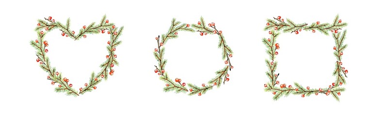 Christmas frames set. Fir branches and holly berries wreaths 