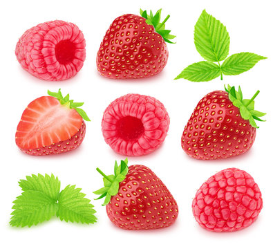 Colourful set of garden berries - strawberry and raspberry, isolated on a white background with clipping path.