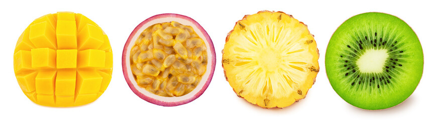 Multi-colored exotic set of passion fruit, pineapple, kiwi and mango, isolated on a white background with clipping path.