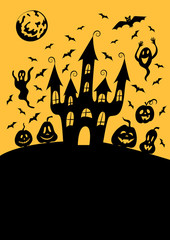 Halloween poster, greeting card template: spooky haunted house on the hill, bats, pumpkin jack lanterns, moon.