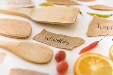 Paddles near notes and fruits