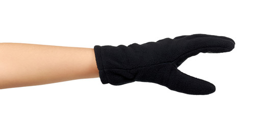 Black fleece gloves. Kids personal accessory, winter mittens.