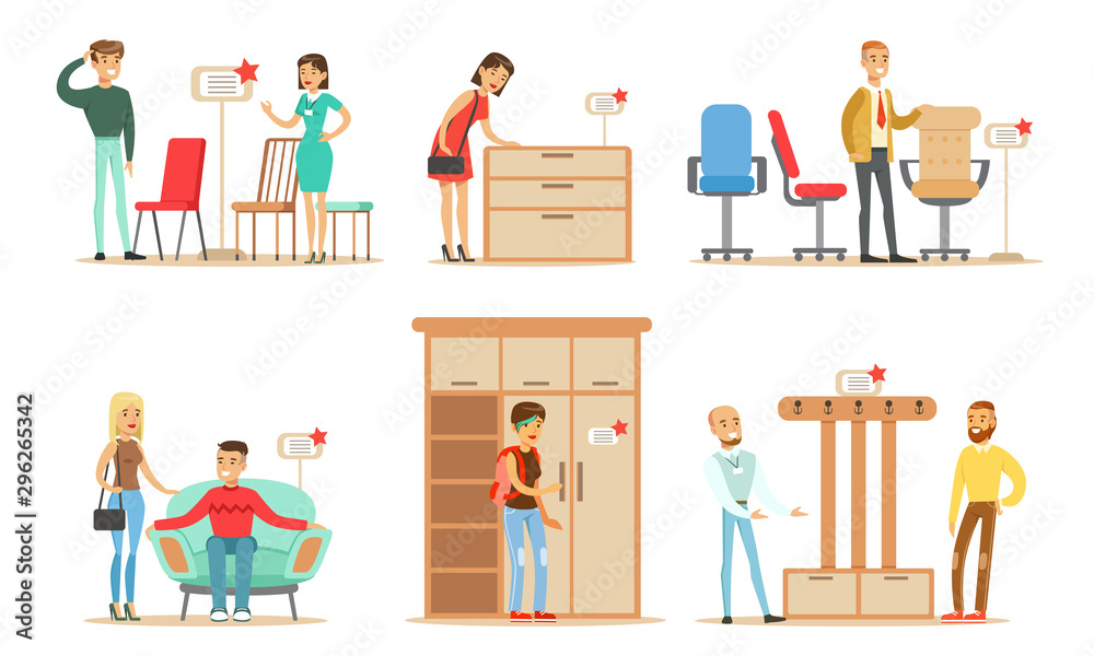 Wall mural Collection of People Shopping for Furniture at Store, Men and Women Choosing House Decor with Help of Professional Sellers Vector Illustration