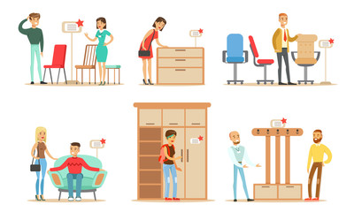 Collection of People Shopping for Furniture at Store, Men and Women Choosing House Decor with Help of Professional Sellers Vector Illustration