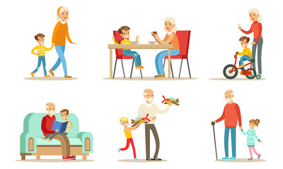 Grandpa And Grandma Spending Time with Their Grandchildren Set, Cute Boys And Girls with their Grandparents Vector Illustration