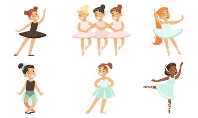 Adorable Ballerinas Dancing in Tutu Dress Set, Little Girls Dancing Ballet Vector Illustration