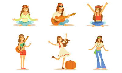 Men and Women Hippie Characters Set, Happy People Wearing Hippie Clothes of the 60s and 70s Playing Music, Travelling, Meditating Vector Illustration