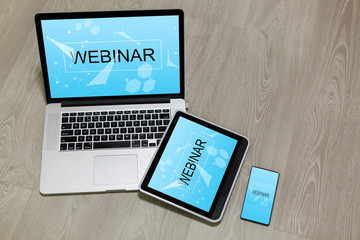 Modern laptop, mobile phone, tablet, Webinar online, internet education, e-learning concept.