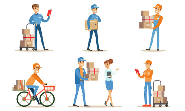 Delivery Service and Logistics Set, Couriers Characters Delivering Packages to Clients Vector Illustration