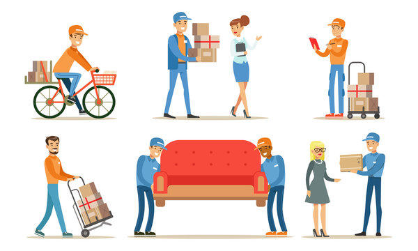 Delivery Service Workers Set, Couriers Characters Delivering Packages and Furniture to Clients Vector Illustration