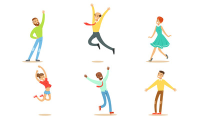 Happy People in Various Poses Set, Young Men and Women Rejoicing at an Important Event Vector Illustration