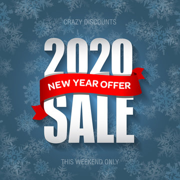 New Year 2020 sale badge, label, promo banner template. New Year offer text on ribbon