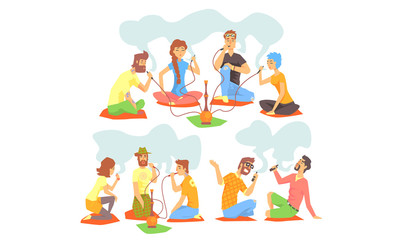 Friends Smoking Hookah and Electronic Cigarettes Set, Young Men and Women Sotting on the Floor and hatting Vector Illustration