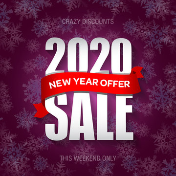 New Year 2020 sale badge, label, promo banner template. New Year offer text on ribbon