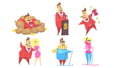 Funny Rich Millionaire in Different Situations Set, Fat Businessman Character Cartoon Vector Illustration