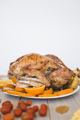 Baked chicken with oranges on white wall background
