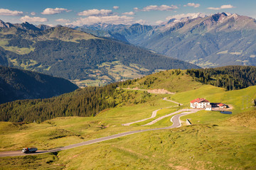 Fototapeta na wymiar Panoramic view of Jaufen Pass - high mountain pass in the Alps in the South Tyrol in Italy. I