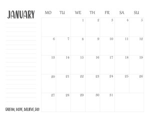 January 2020 calendar planner with to-do list and place for notes in black and white design.