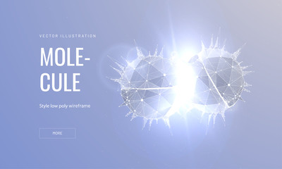 Fototapeta premium Molecule connection low poly wireframe landing page template. Chemistry, physics science web banner. 3d microparticles polygonal illustration. Cell parts interaction mesh art homepage design layout