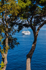 A cruise ship in the bay of Naples. Mount Vesuvius can just be seen through the trees